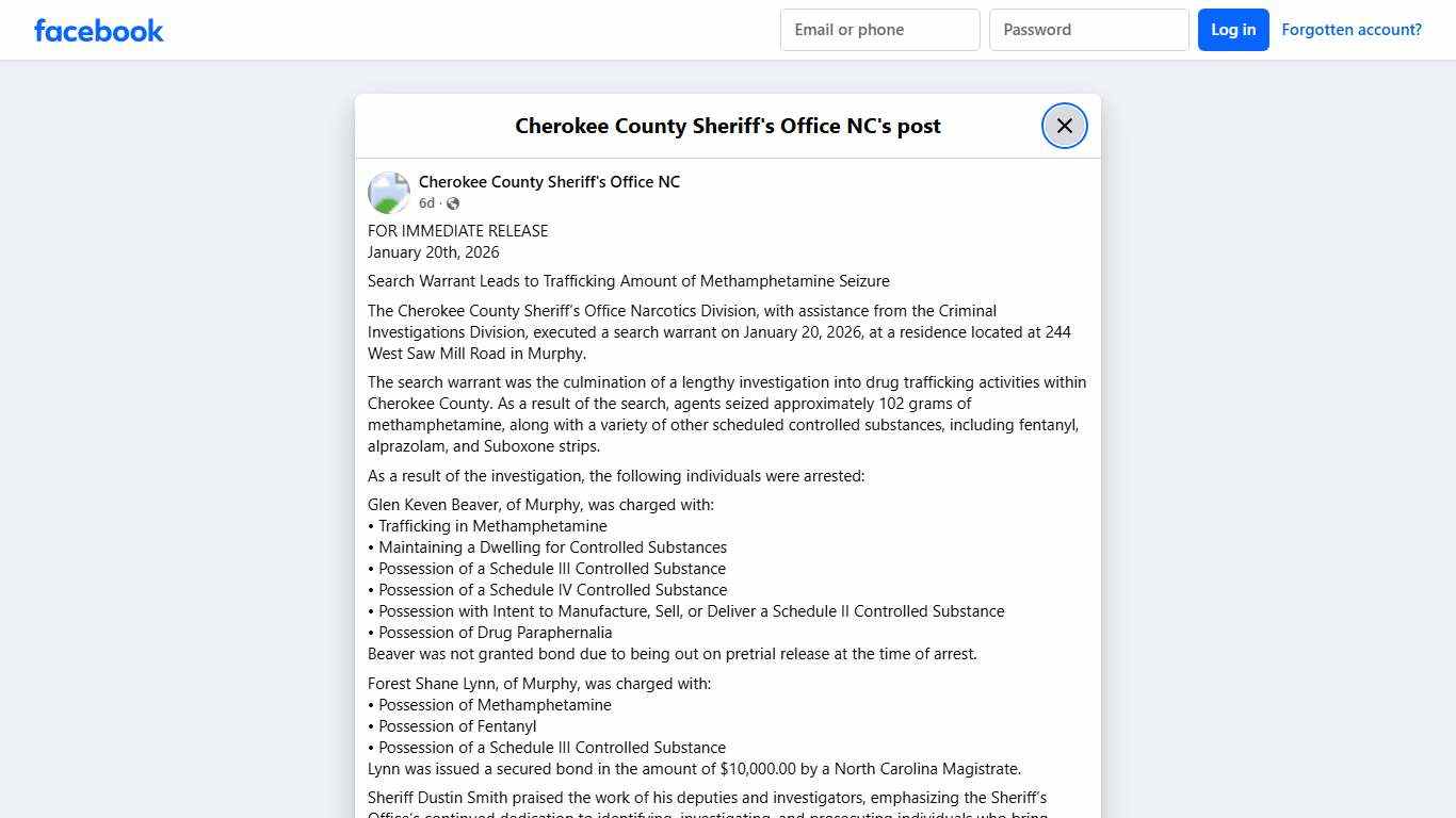 FOR IMMEDIATE... - Cherokee County Sheriff's Office NC Facebook